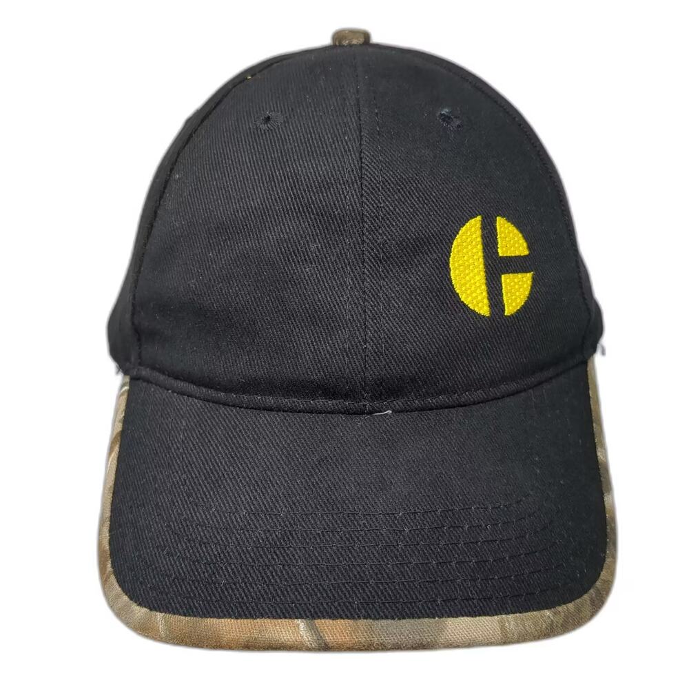 Caterpillar Black Baseball Cap Hat Yellow Logo Camo Brim One Size Adjustable